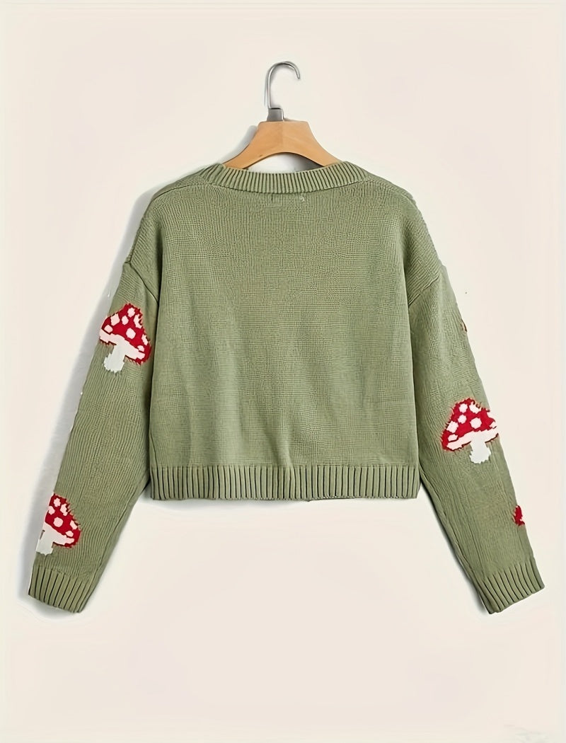Button-Up Cardigan with Mushroom Patterns