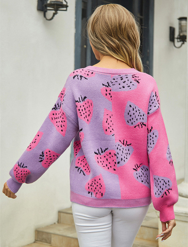 Strawberry Button-Front Knitted Cardigan
