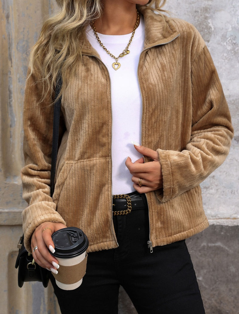 Zip-Up Plush Jacket with Pockets