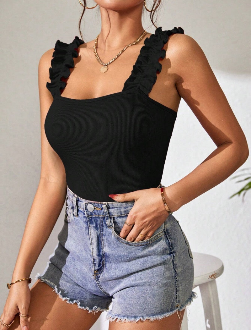 Ruffle Strap Ribbed Bodysuit