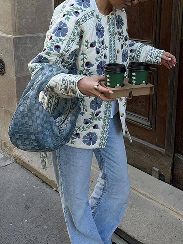 Floral Button-Up Quilted Jacket