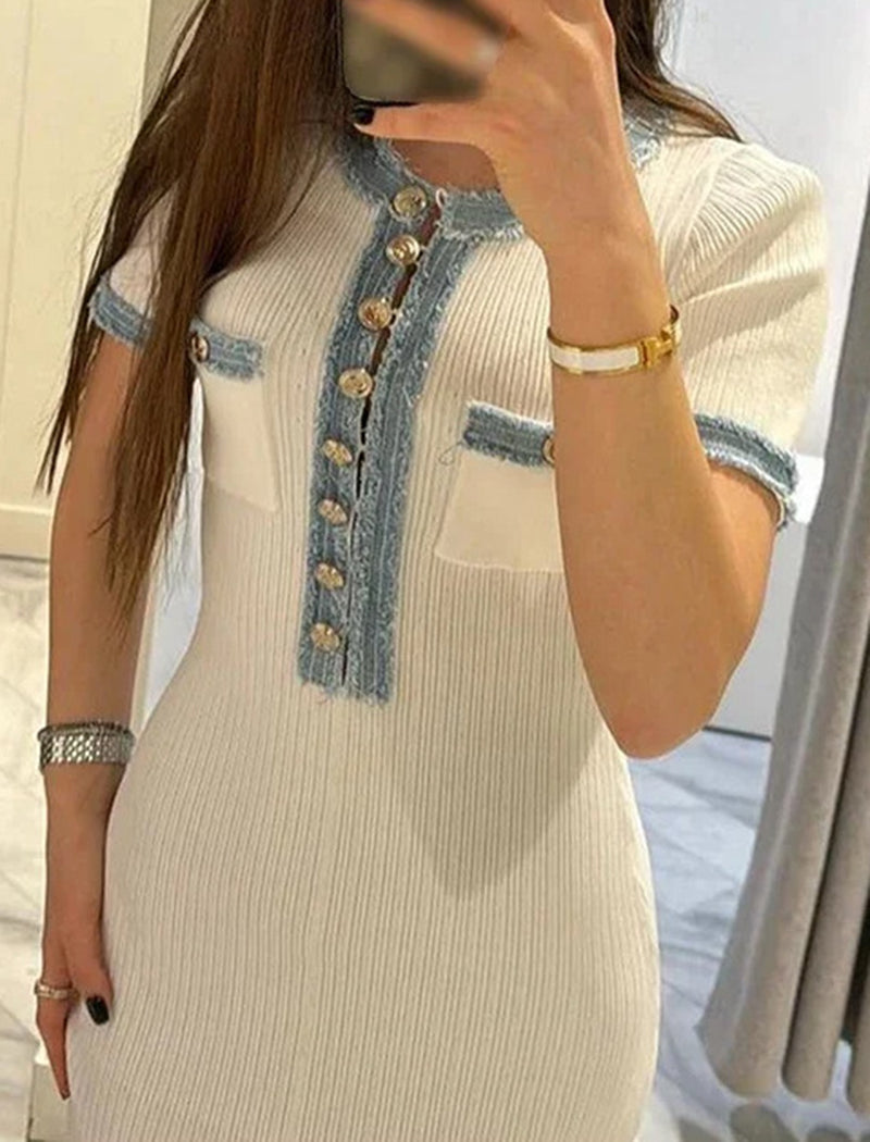 Denim Patchwork Knit Bodycon Maxi Dress