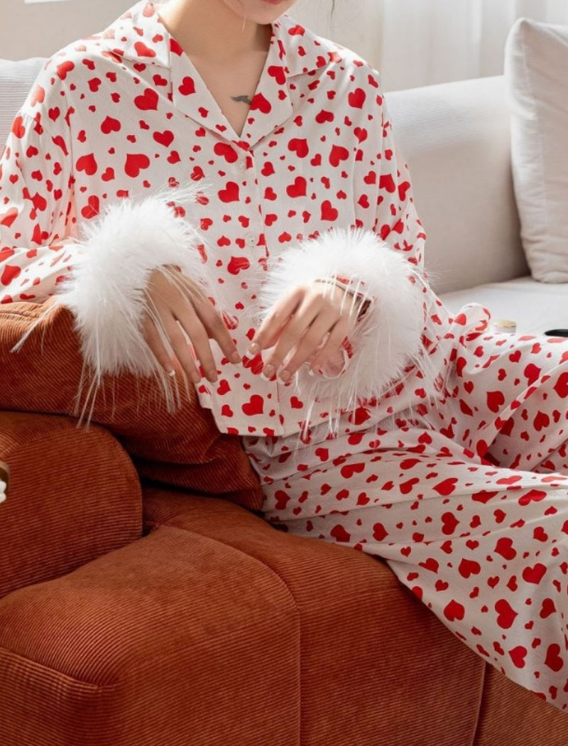 Long-Sleeve Heart Print Crop Pajama Set