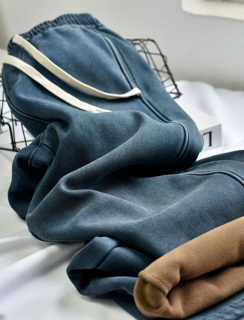 Wide-Leg Denim Drawstring Pants