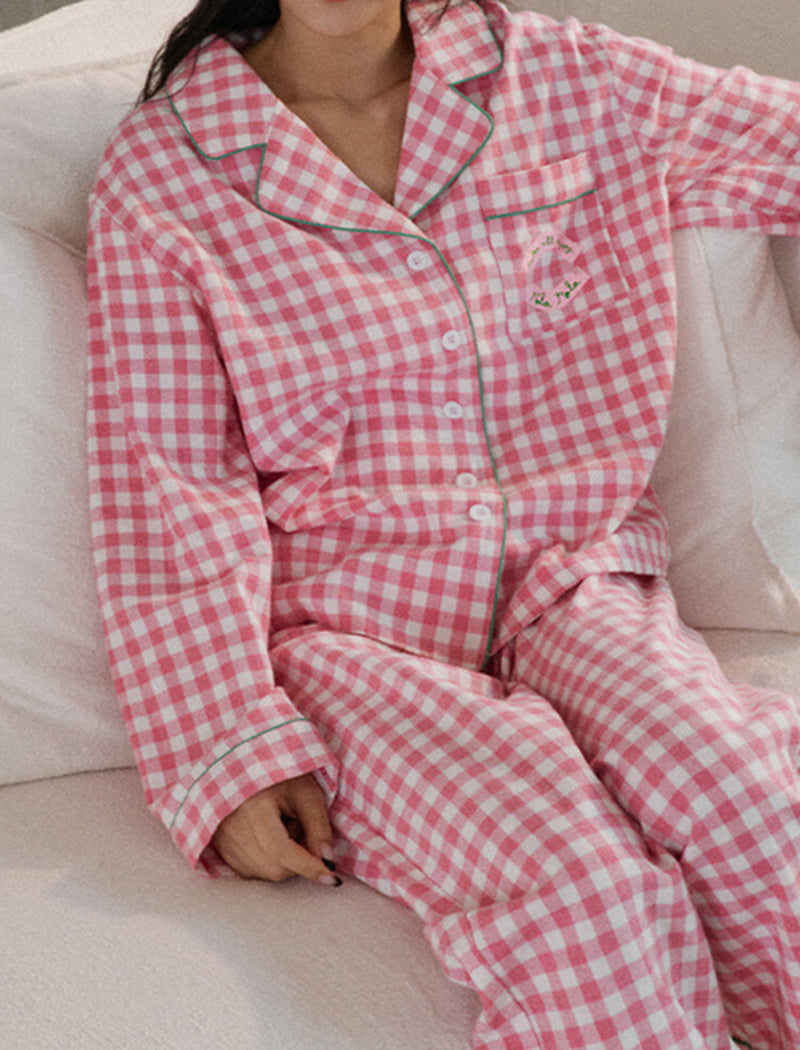 Plaid Long Sleeve Loose Top and Pants Pajama Set