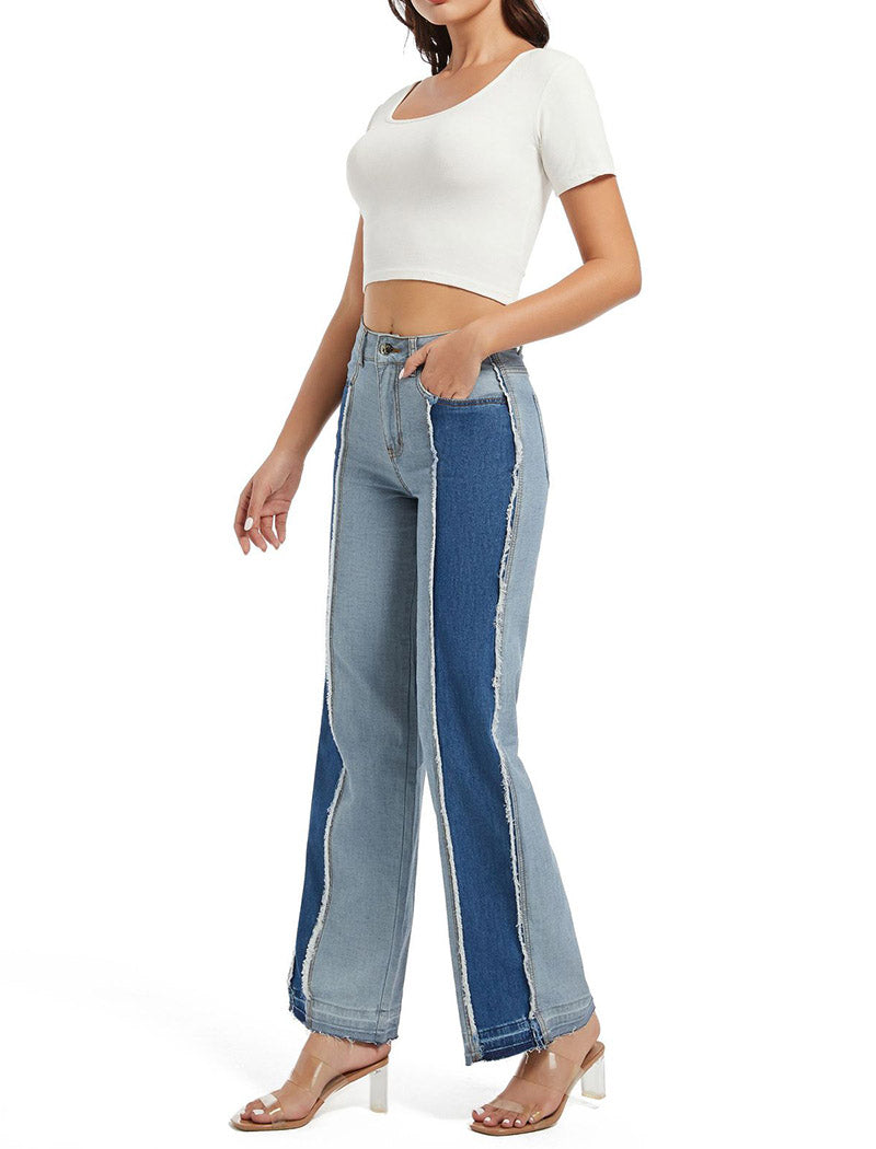 Two-Tone Wide-Leg Jeans with Seam Detailing