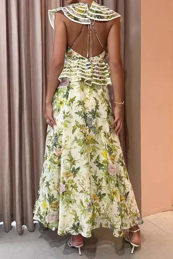 Floral Print Ruffle Sleeve Maxi Dress