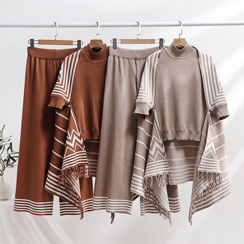 Striped Versatile Collar Knit Vest, Fringe Shawl & Wide-Leg Pants Set