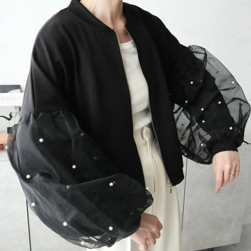 Patchwork Puff-Sleeve Bomber Jacket