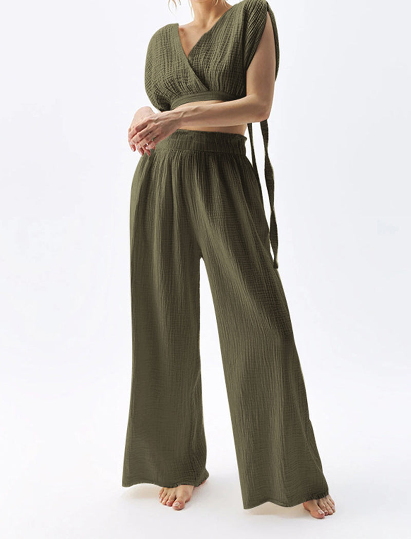 High-Waist Wide-Leg Textured Pants