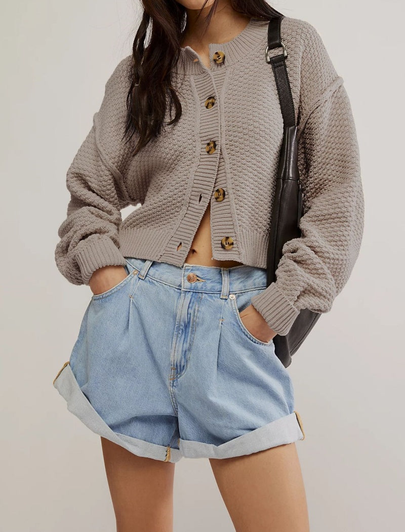 Cropped Button-Up Knit Cardigan
