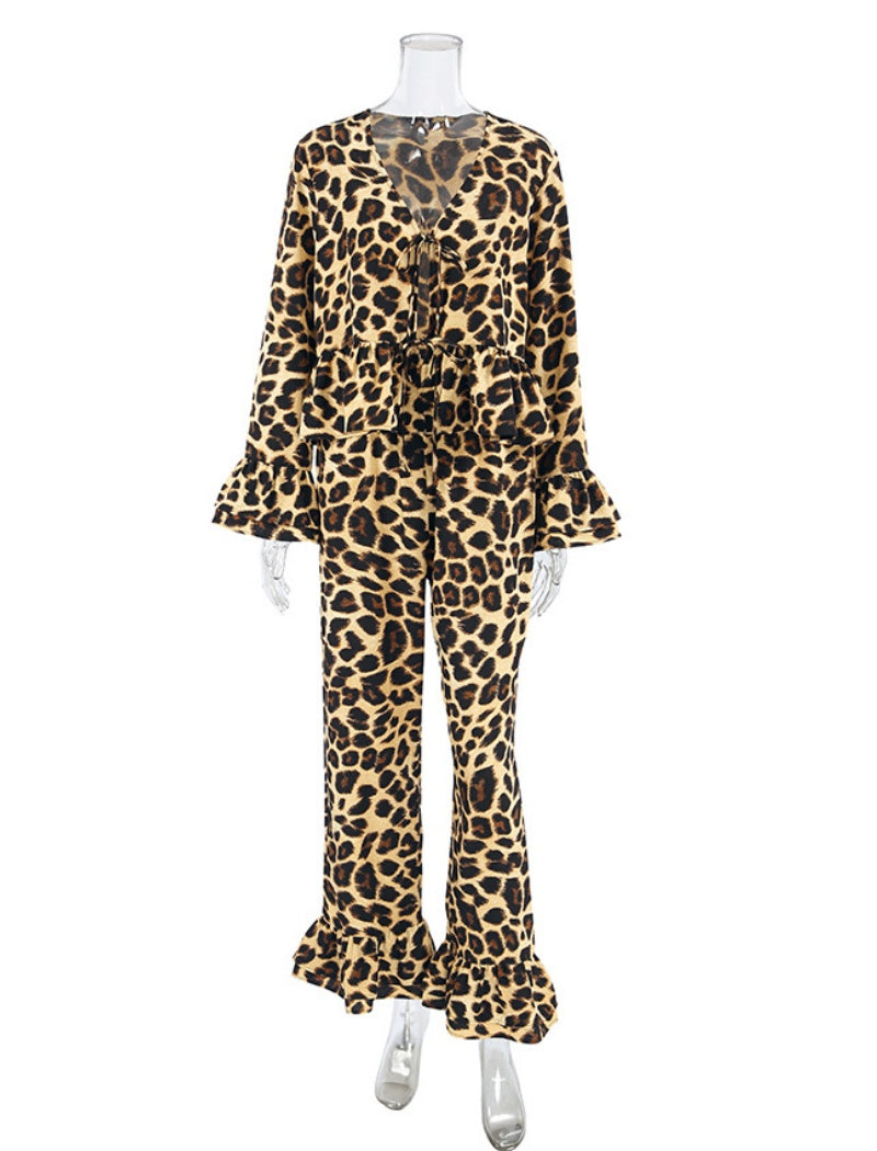 Leopard Print Long Sleeve Top and Pants Set