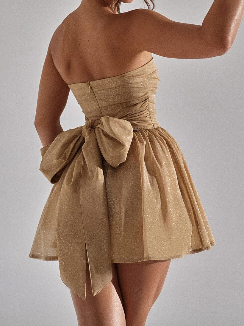 Strapless Ruched Shimmer Mini Dress