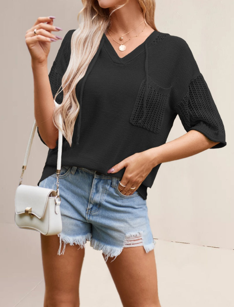 Hooded Short Sleeve Knit Top