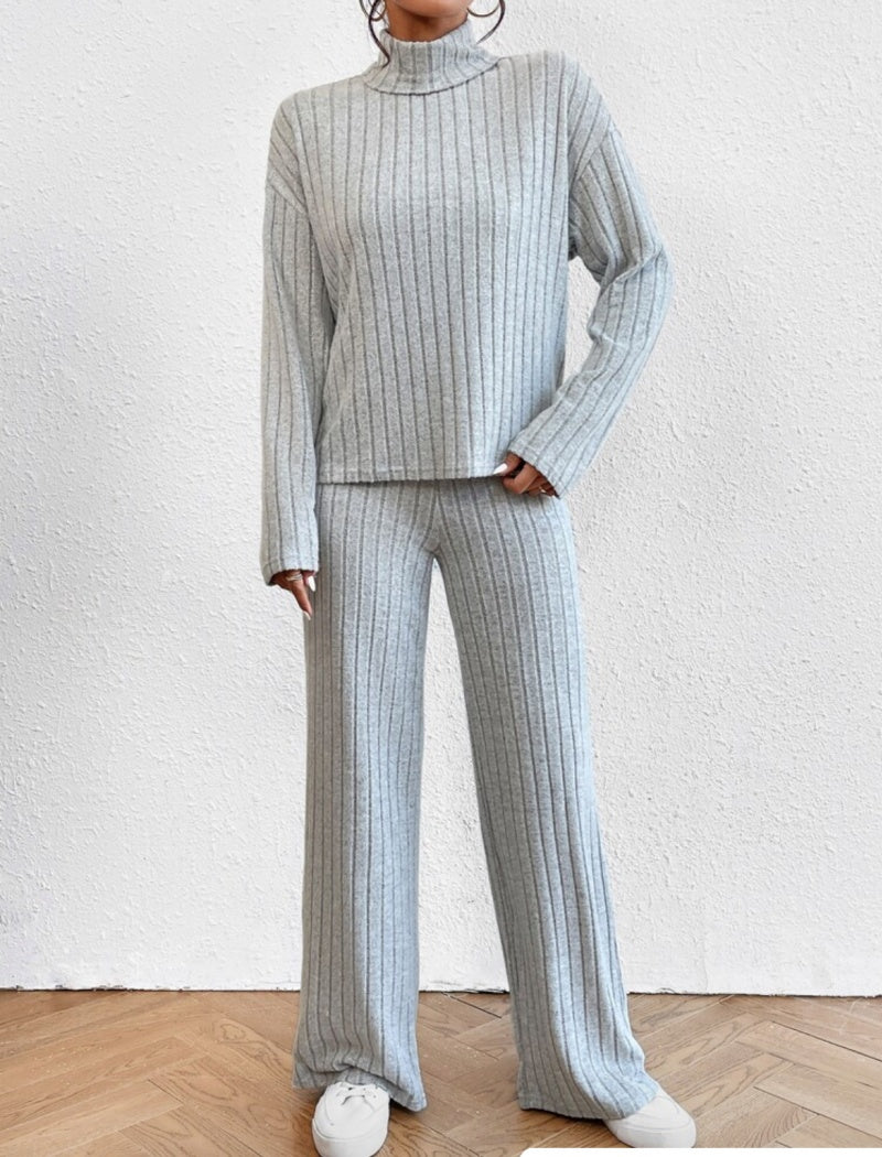 Ribbed Knit Long Sleeve Top and Pants Set