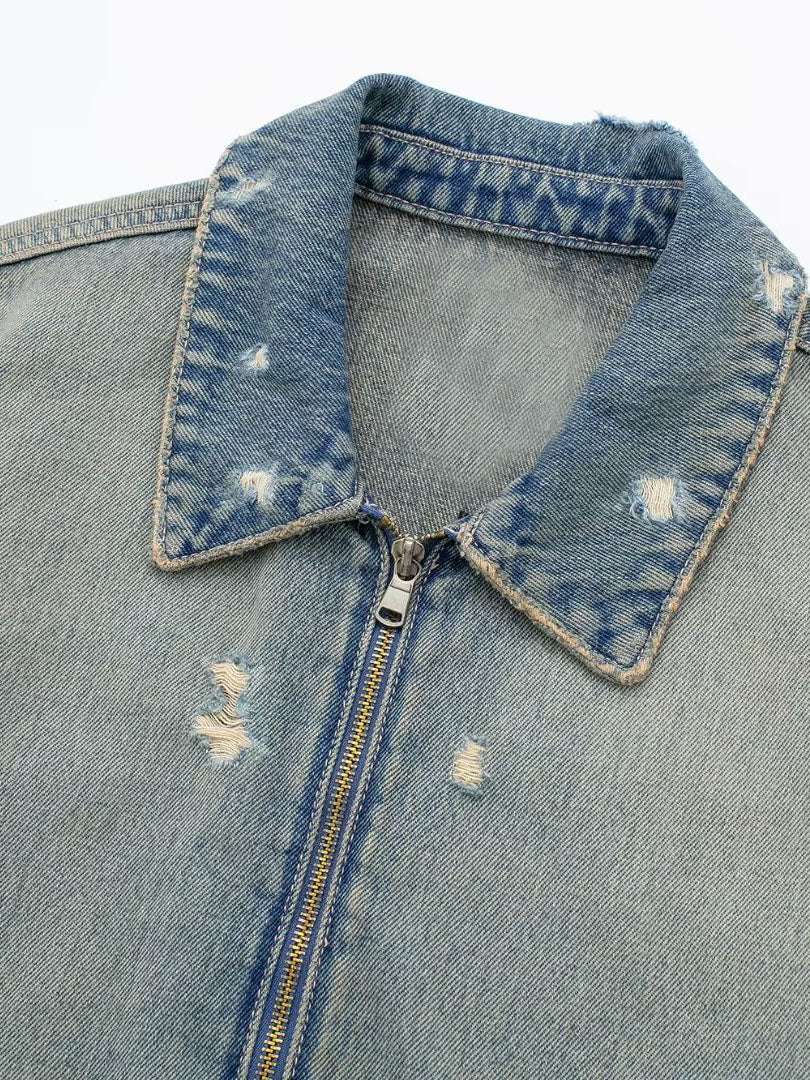 Distressed Zip-Up Crop Denim Jacket