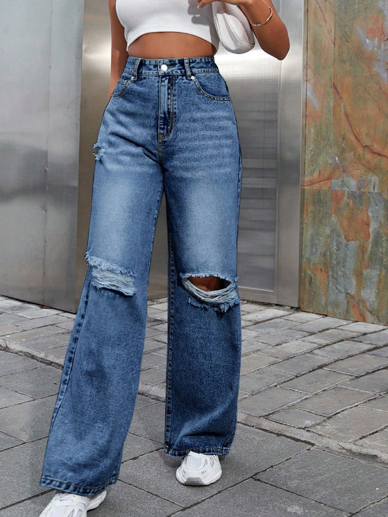 Distressed High Waist Wide Leg Jeans