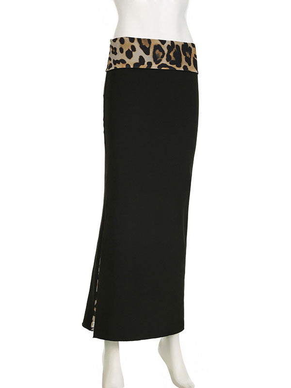 Leopard Patchwork Split-Hem Maxi Skirt