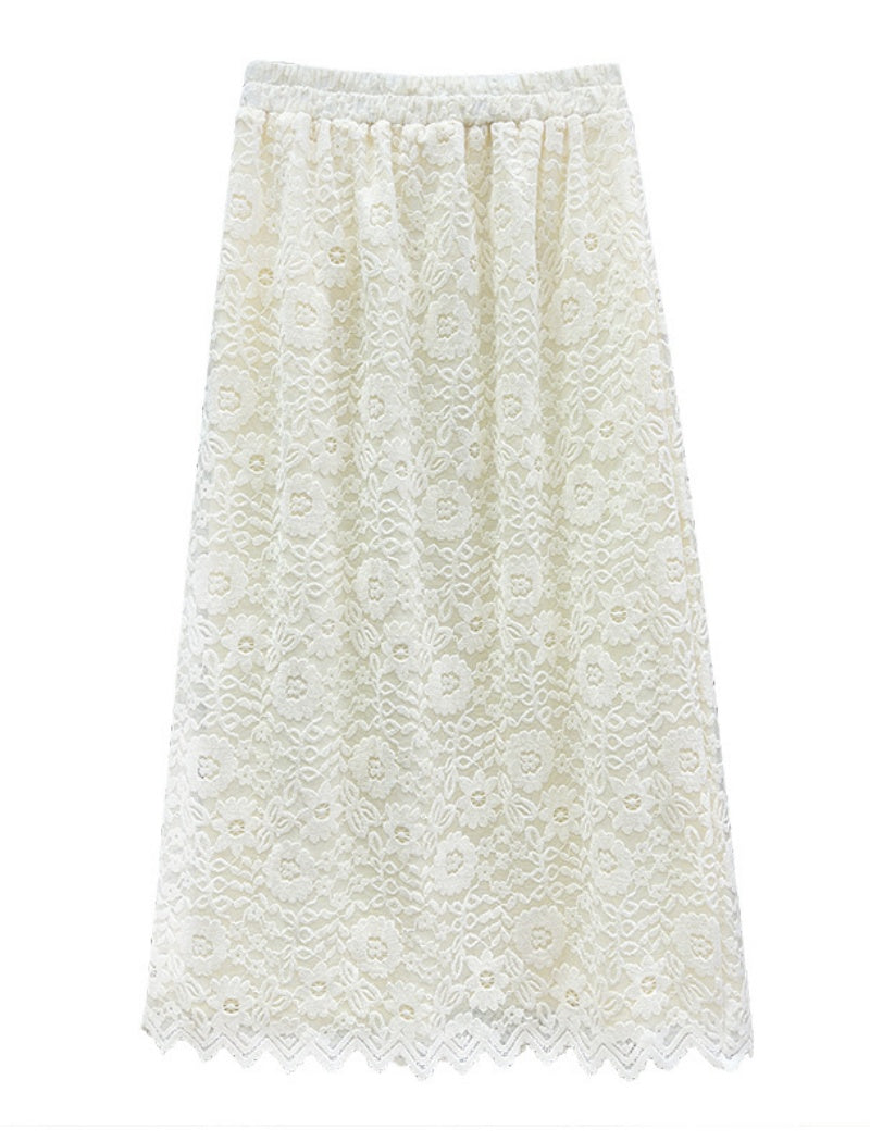 Lace Midi Skirt with Elastic Waistband