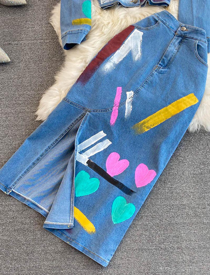 Painted Denim Jacket and Skirt Set