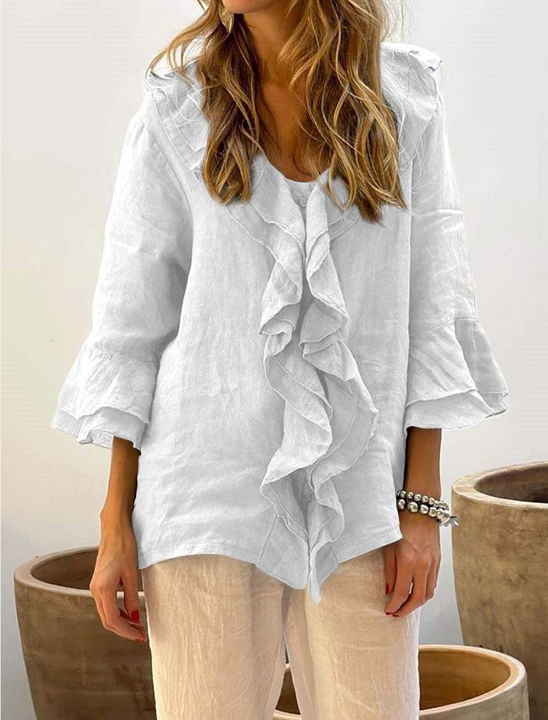Ruffle Trim Solid Blouse