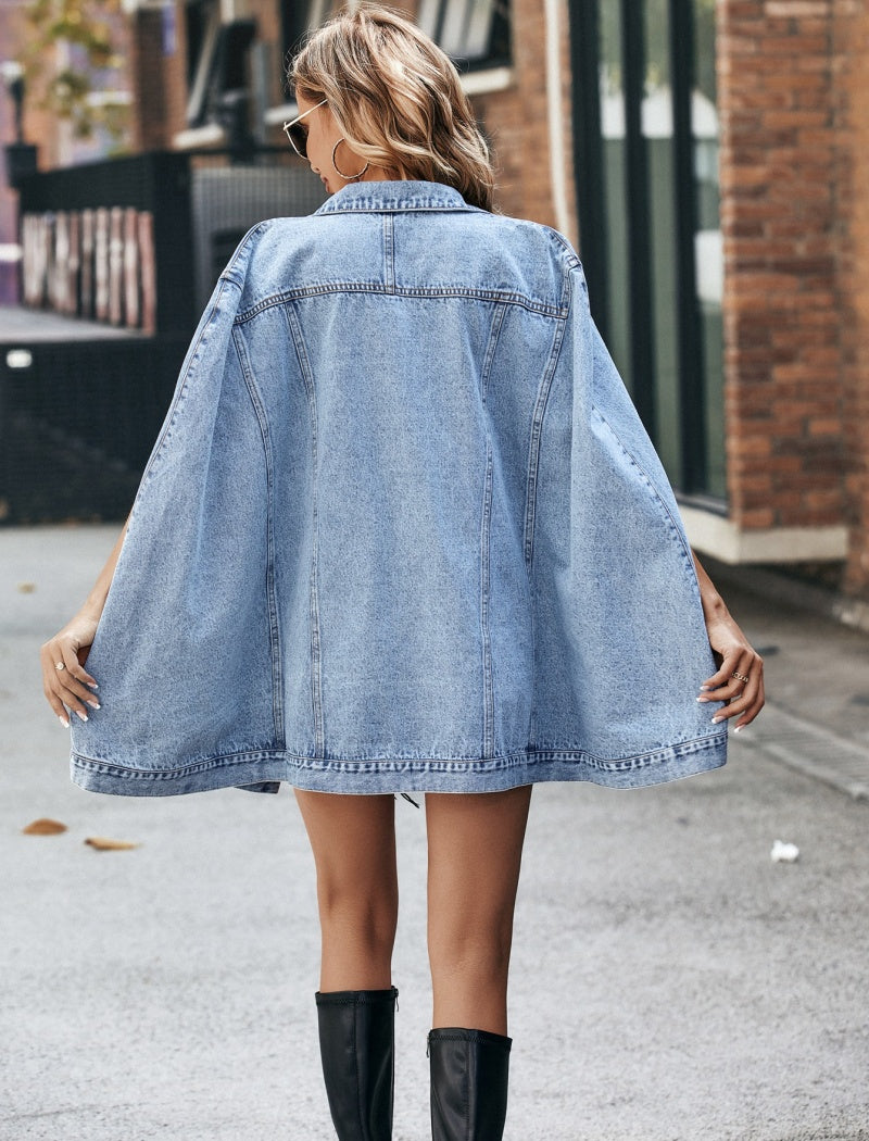 Button-Front Denim Cape Jacket