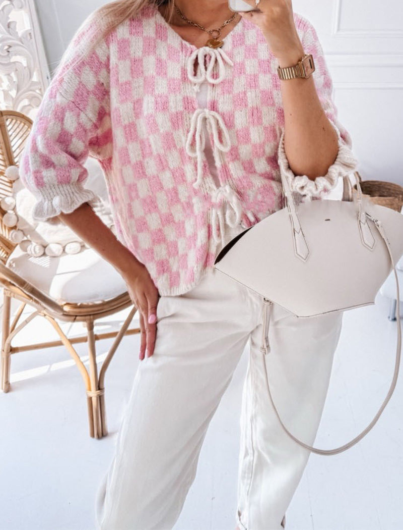 Checkered Knit Cardigan with Lace-Up Front