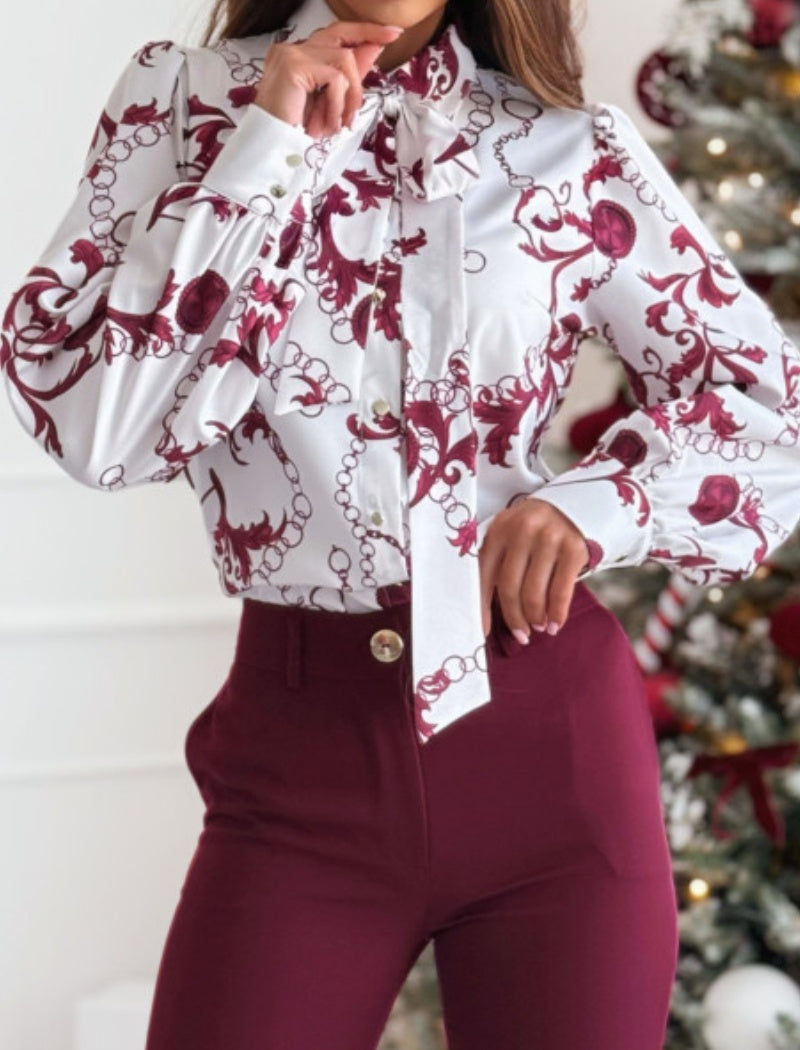 Printed Long Sleeve Bow Shirt
