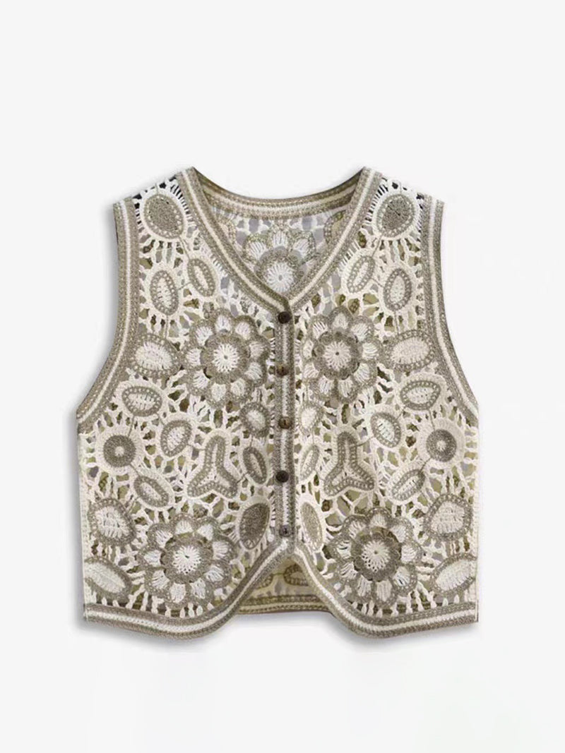 Floral Crochet Eyelet Vest