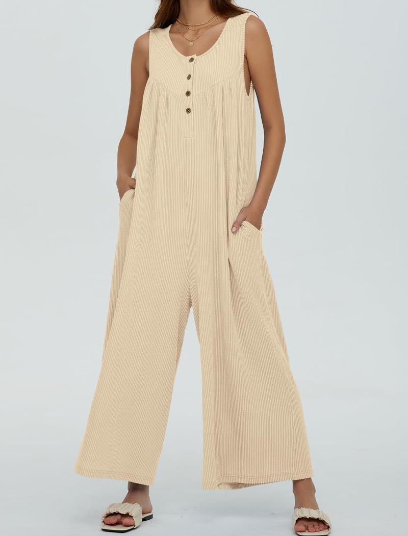 Button-Front Wide-Leg Sleeveless Jumpsuit