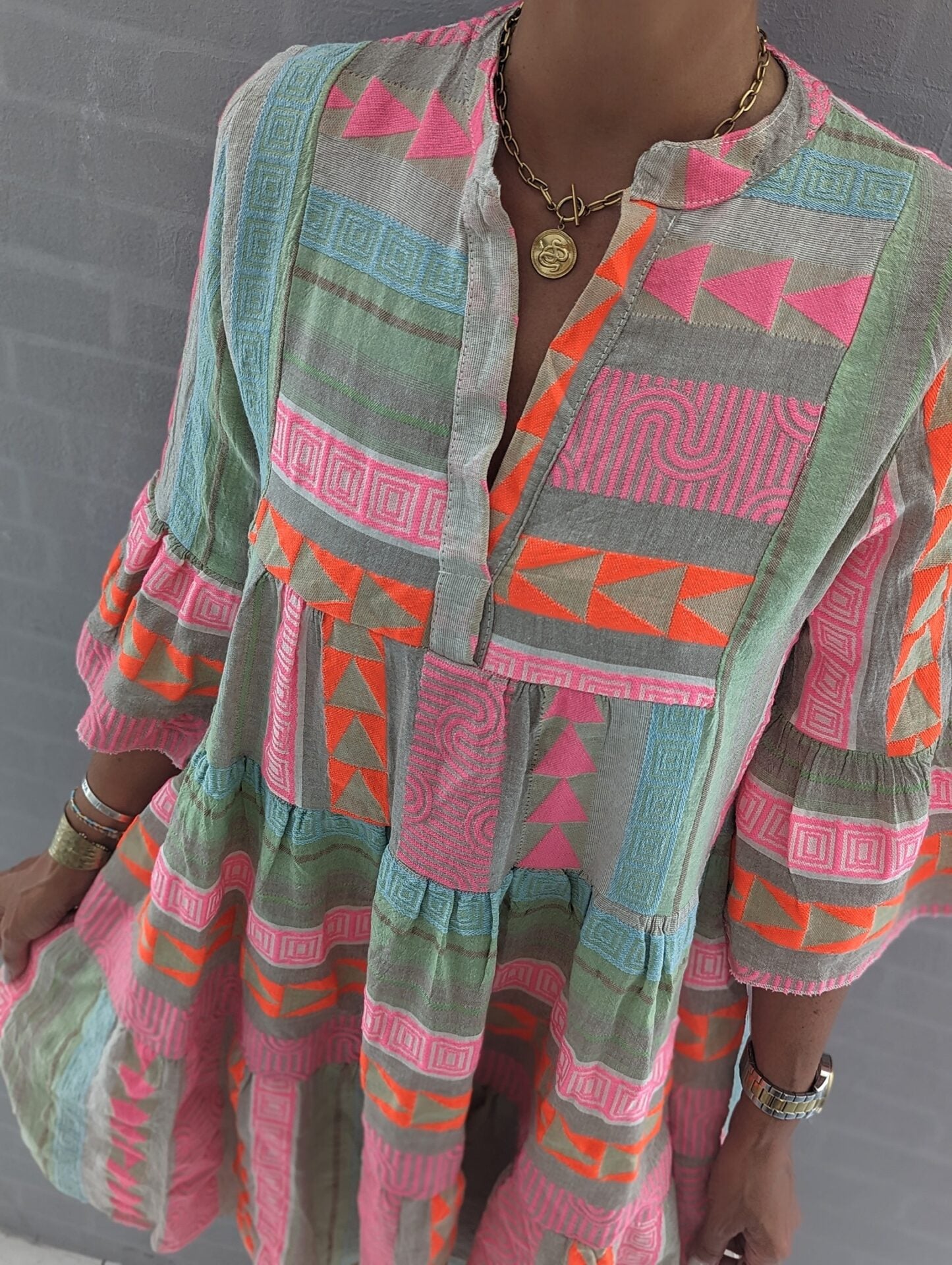 Graphic Flare-Sleeve Mini Dress