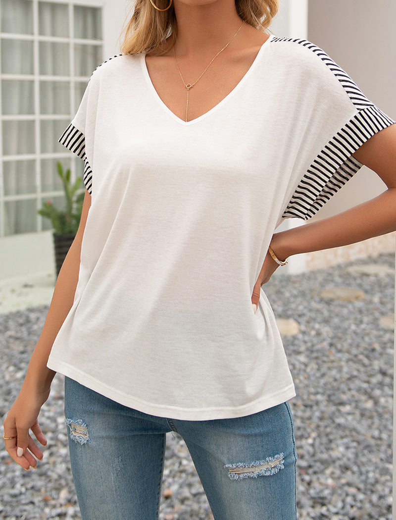 Striped Trim V-Neck Loose Fit Top