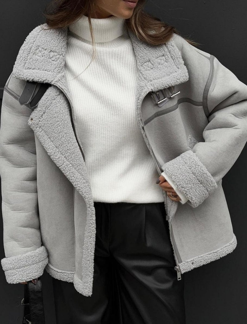 Oversized Shearling Jacket with Lapel Collar
