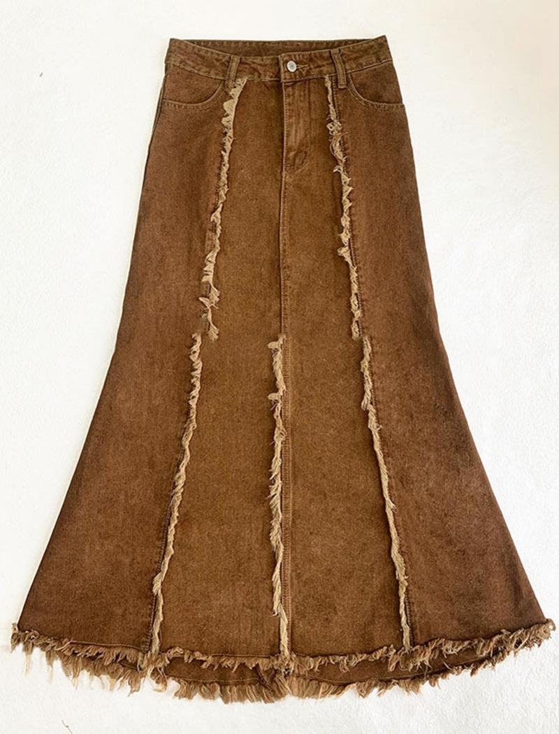 Frayed Hem Flared Midi Skirt