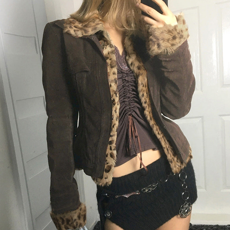 Leopard Fur Panel Collared Two-Tone Jacket