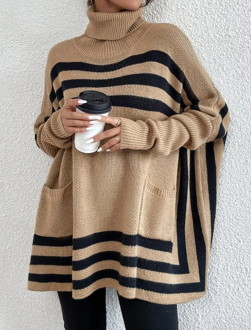 High Neck Striped Batwing Sleeve Cape Sweater