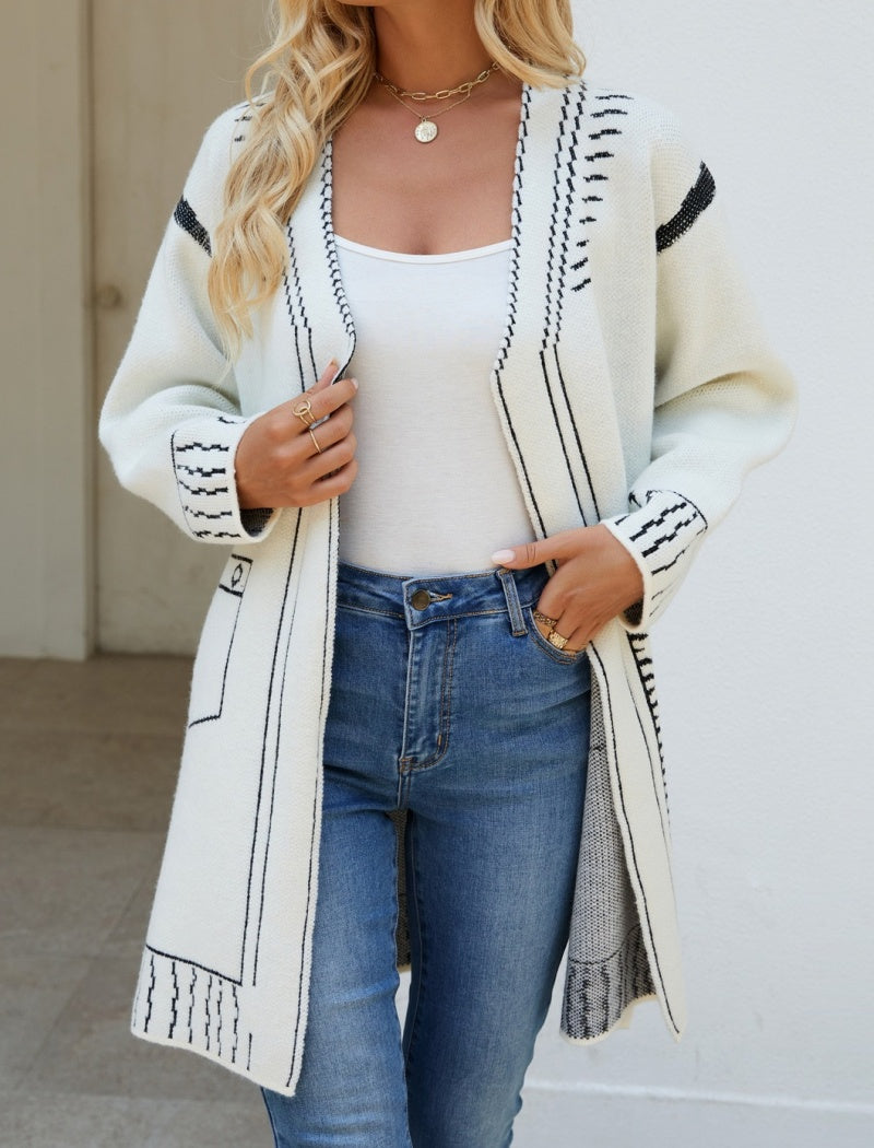 Illustrated Pattern Open-Front Long Cardigan
