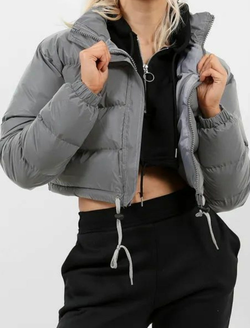 Cropped Puffer Jacket with Stand Collar
