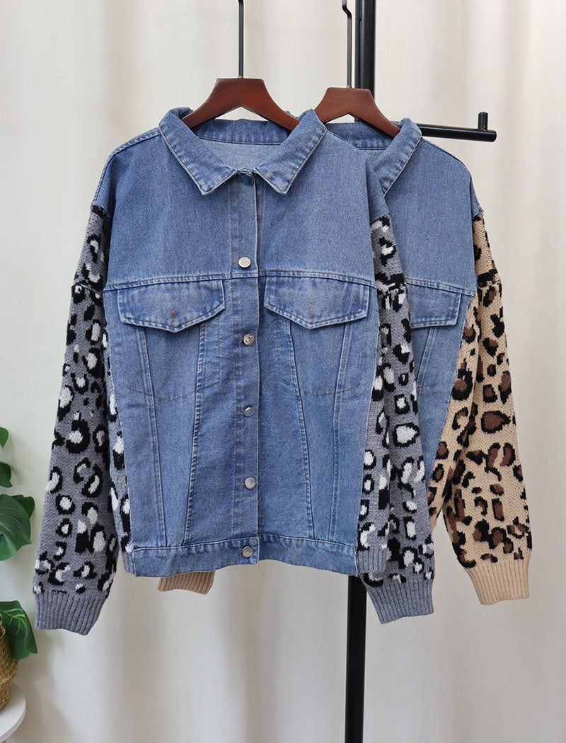 Denim Jacket with Knit Patterned Sleeves