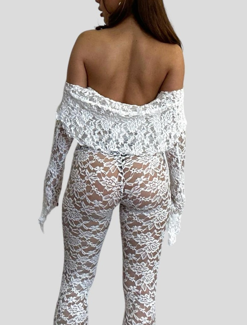 Off-Shoulder Lace Crop Top and Pants Set