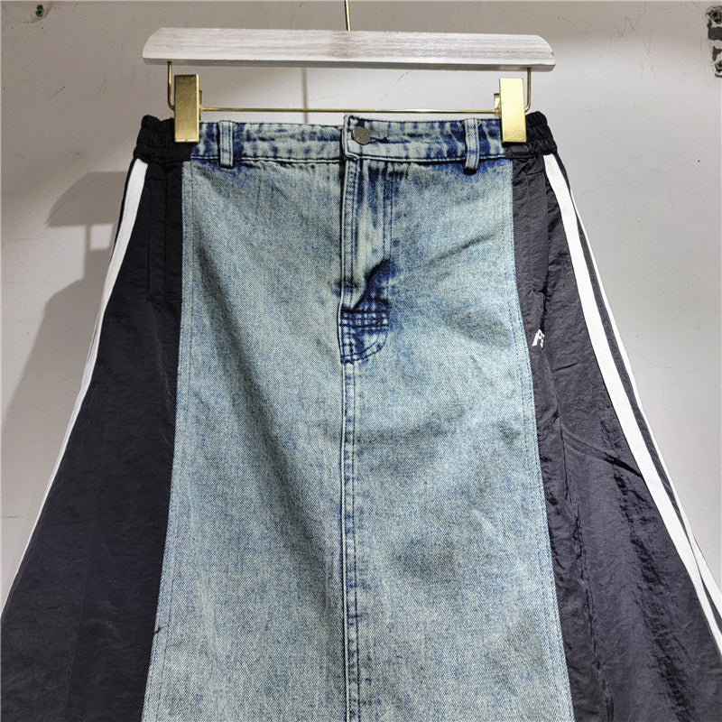 Contrast Panel Denim A-Line Skirt with Drawstring Hem