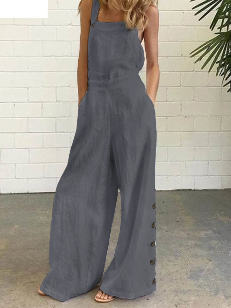 Solid Sleeveless Button Jumpsuit