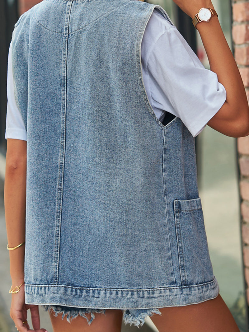 V-Neck Buttoned Pockets Denim Vest