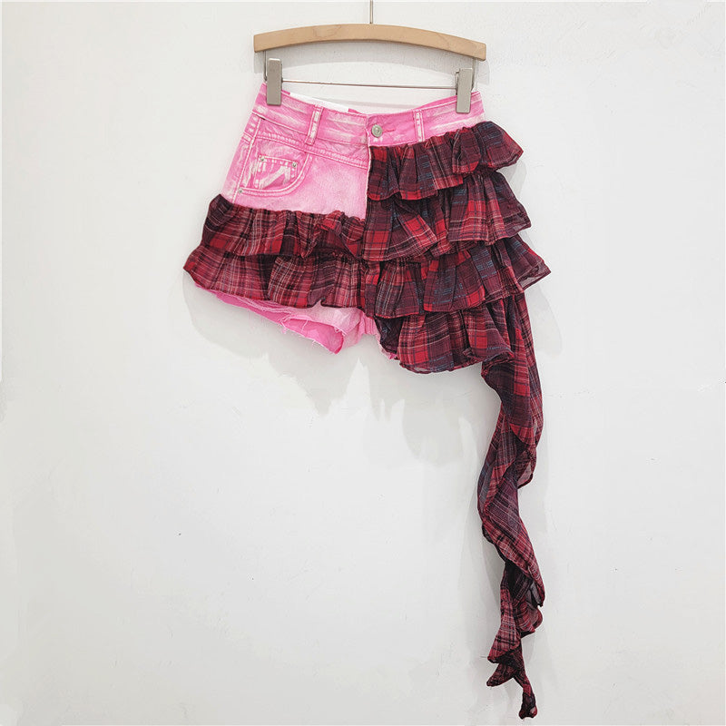 Asymmetrical Denim & Animal Print Ruffle Skirt