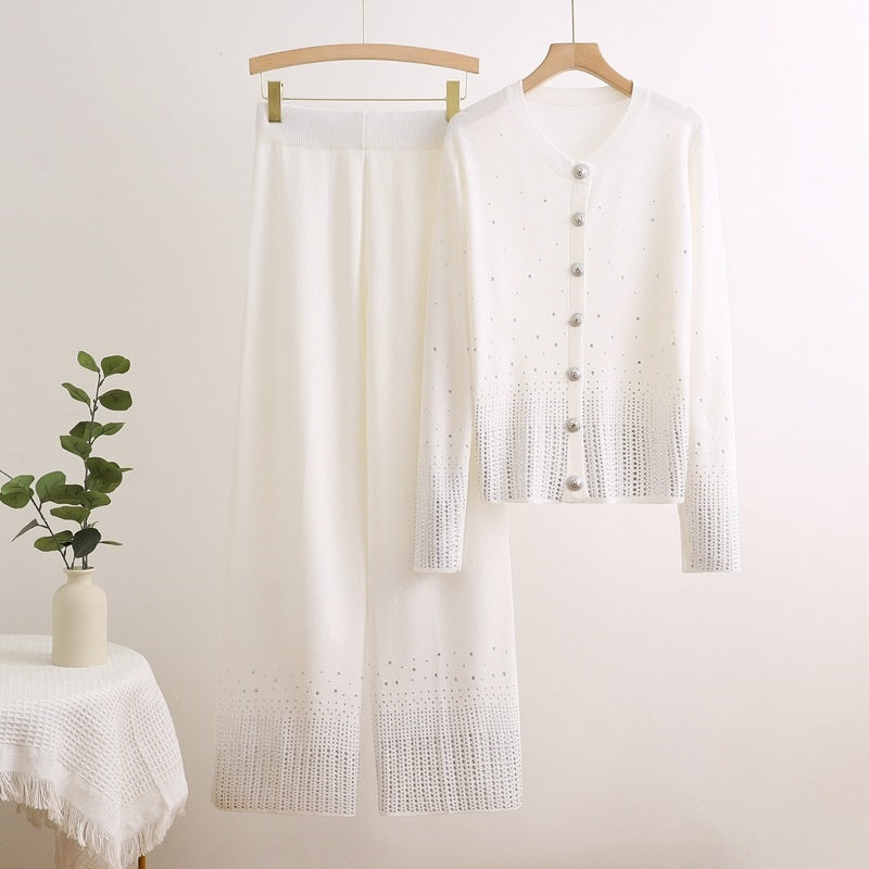 Button-Down Knit Set with Embellished Detail