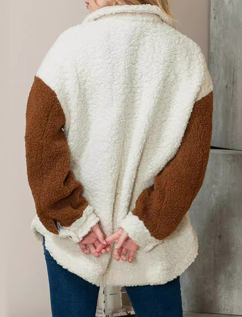 Button-Front Contrast Sherpa Jacket