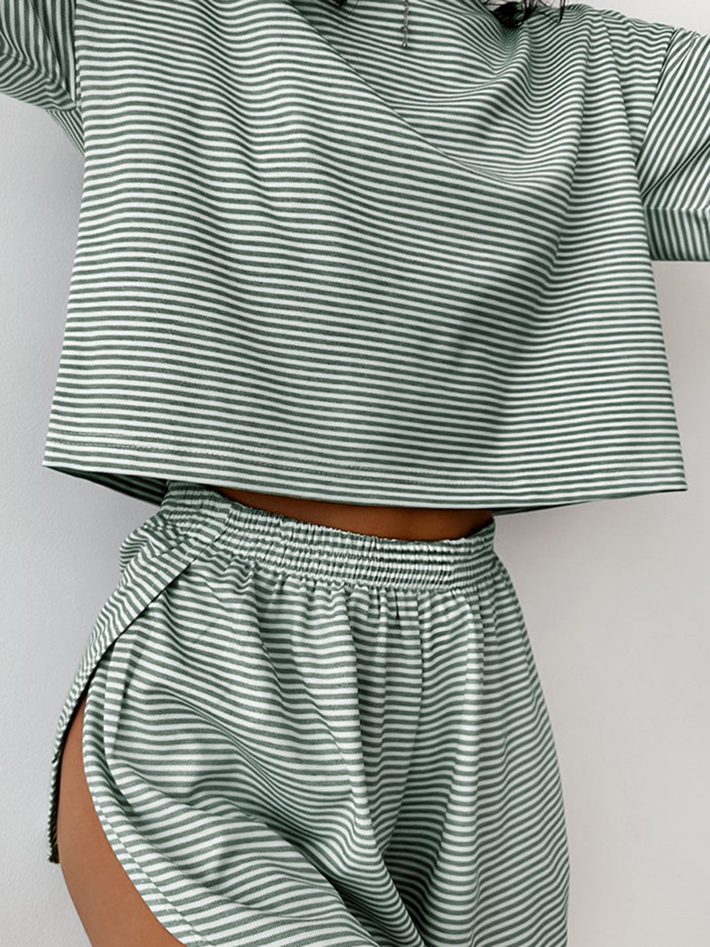 Striped Tee and Slit Shorts Set