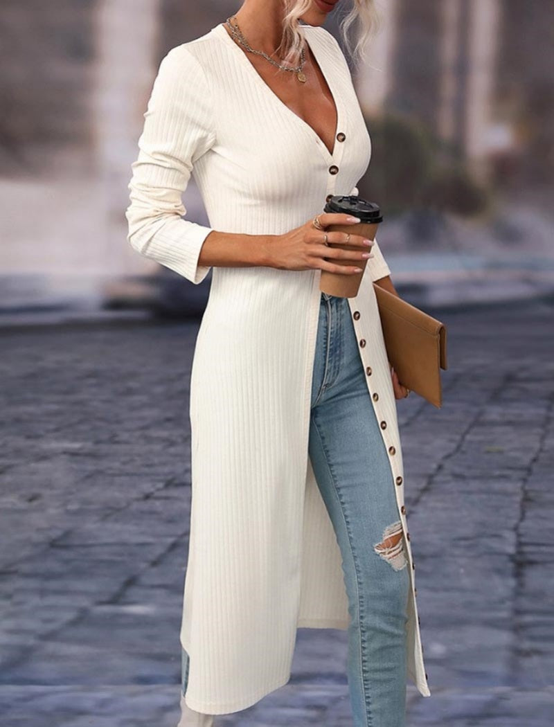 Ribbed Button-Up Longline Cardigan