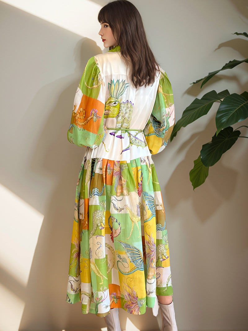 Puff Sleeves Patchwork Midi Dress
