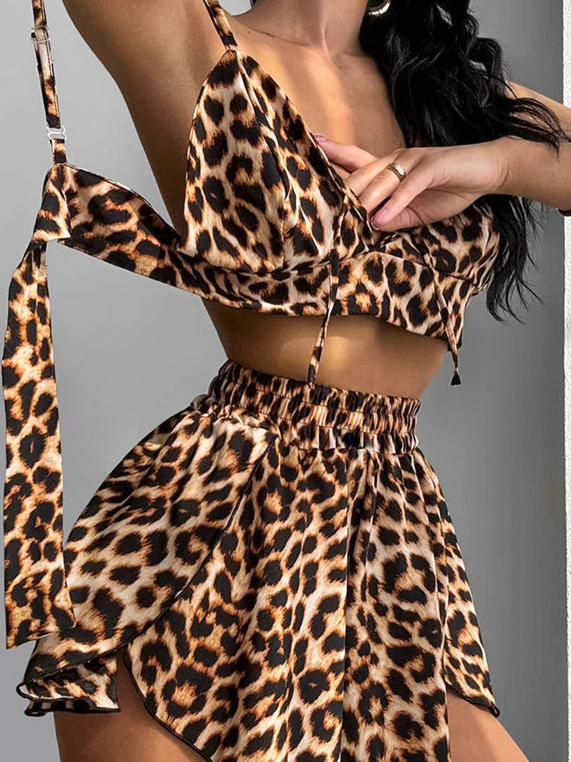 Leopard Print Bralette and Shorts and Kimono Set